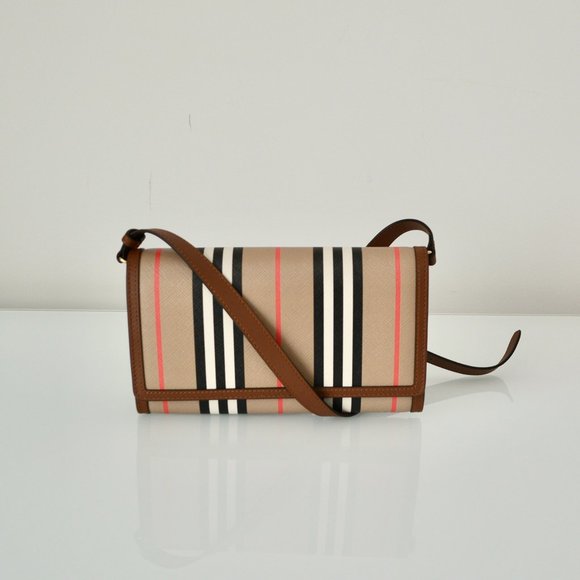NWT BURBERRY ICON STRIP HANNAH LEATHER TRIM CROSSBODY WALLET BAG - Picture 1 of 7
